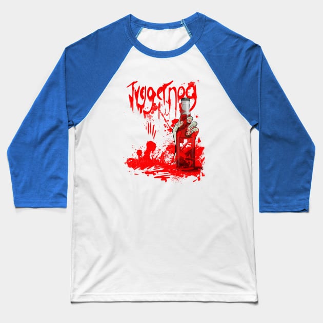 Zombie Hand Bloodied Juggernog on Teal Baseball T-Shirt by LANStudios